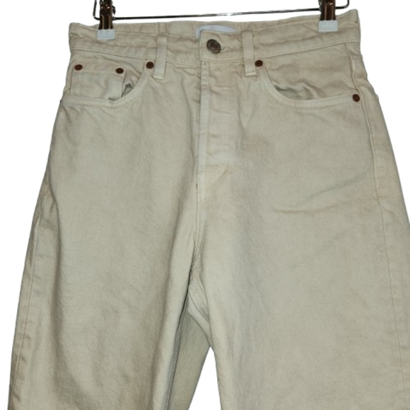 Zara Beige Raw Hem Button Front Jeans Size 4 High Rise Ankle Ecological Cotton - Picture 3 of 9